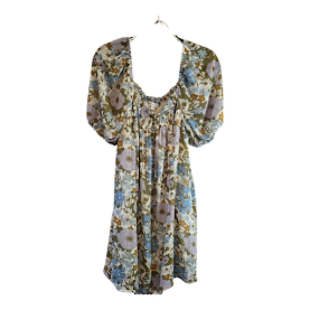 MITTOSHOP FLORAL PUFF SLEEVE MINI DRESS SIZE LARGE BLUE WHITE TAN GREEN POCKETS